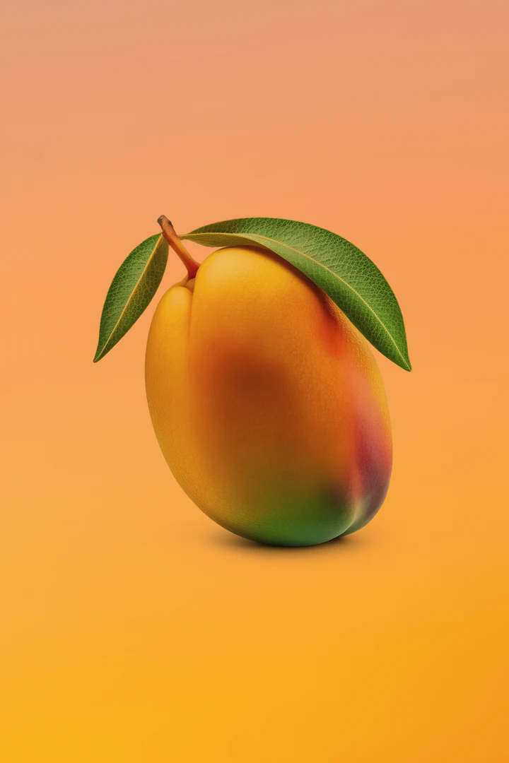 A single ripe mango on a warm orange backdrop.